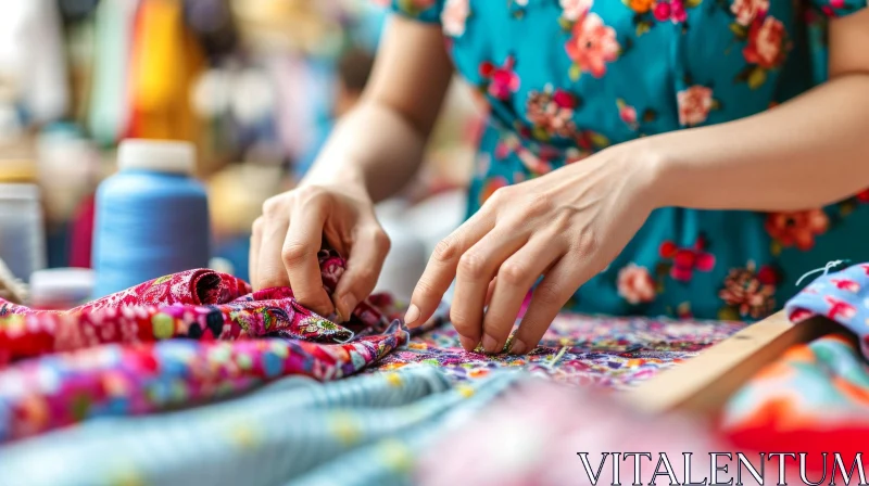 Close-up of Woman's Hands Sewing Colorful Fabric - Craft and Fashion Inspiration AI Image