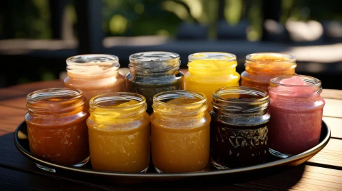 Colorful Glass Jar Food Display on Metal Tray