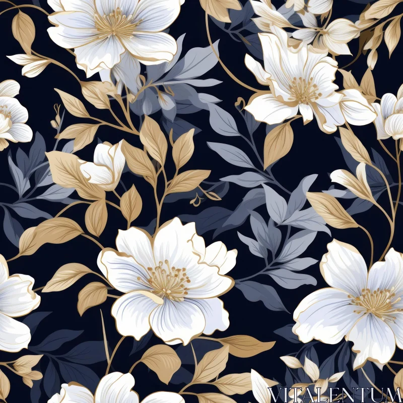Elegant Floral Pattern - White & Gold Flowers on Dark Blue Background AI Image