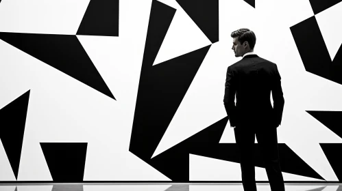 Elegant Man in Black Suit Standing Before Geometric Mural