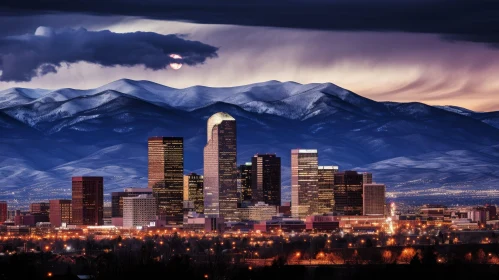 Enchanting Denver Cityscape with Rocky Mountains and Full Moon