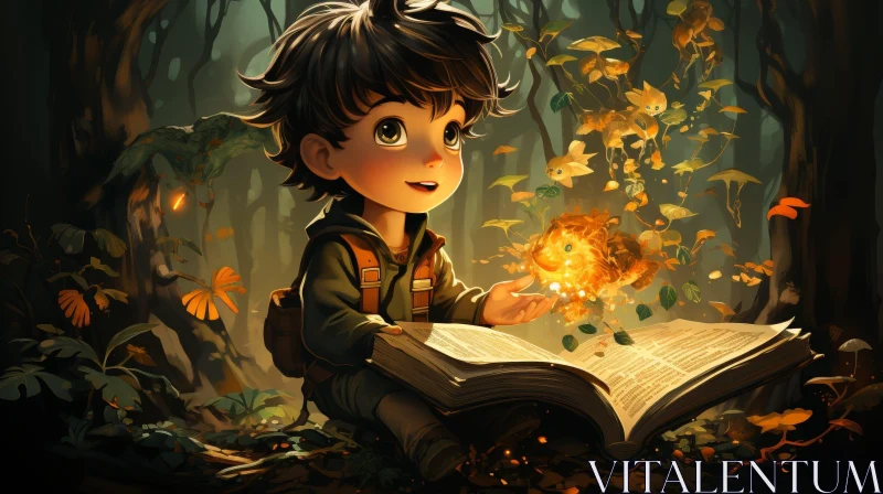 Enchanting Forest Illustration of a Boy Reading a Book AI Image