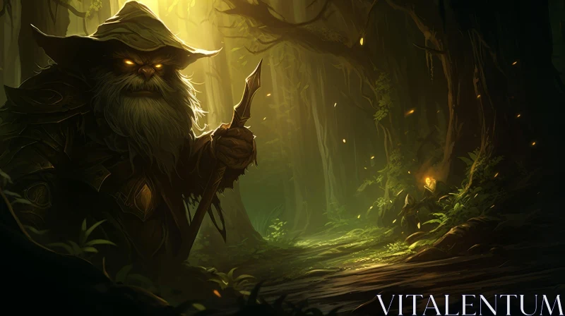 Enigmatic Dwarf in Mysterious Forest AI Image
