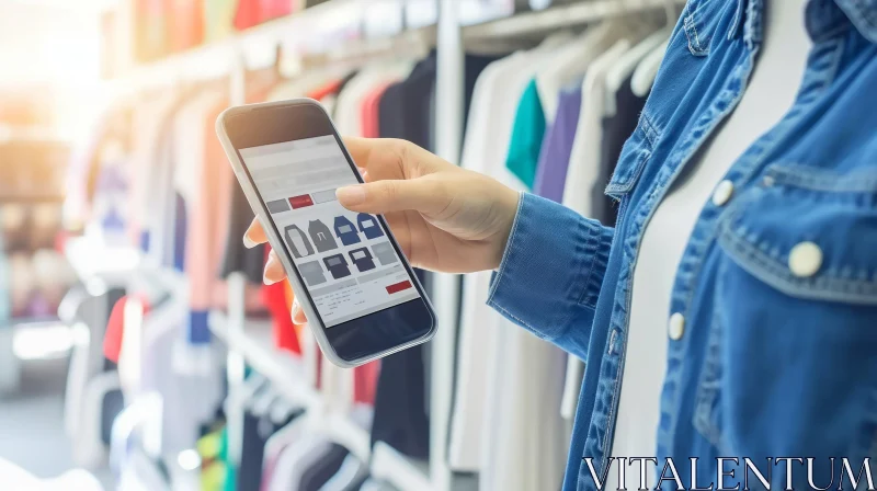 Fashion: Woman in Blue Denim Shirt Using Shopping App in Clothing Store AI Image