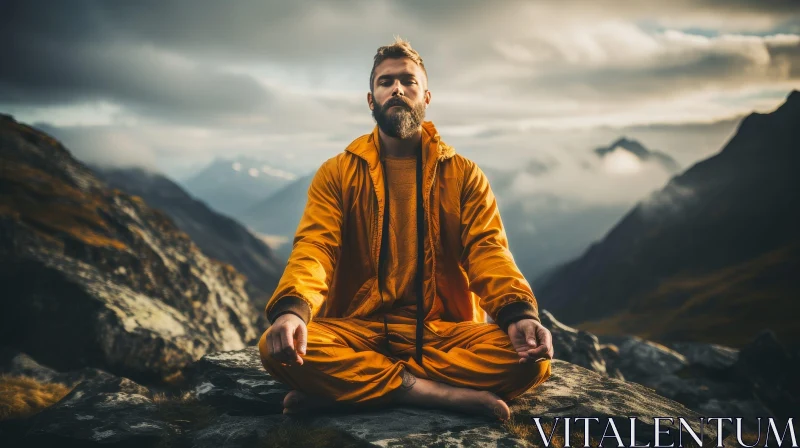 Man Meditating on Mountaintop - Tranquil Nature Scene AI Image