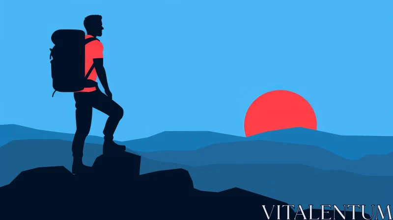 AI ART Man on Mountaintop Silhouette at Sunset