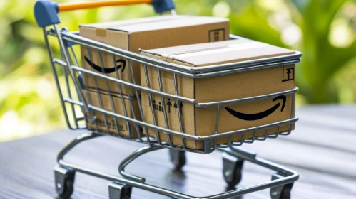 Miniature Shopping Cart with Amazon Logo and Cardboard Boxes