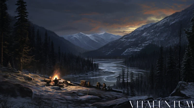 Mountain Valley Night Landscape Painting AI Image