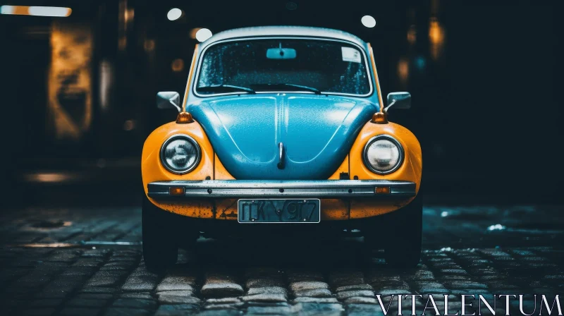 Night Scene: Light Blue & Yellow Volkswagen Beetle on Wet Street AI Image