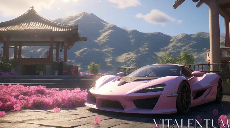 Pink Sports Car at Chinese Pavilion with Mountain View AI Image