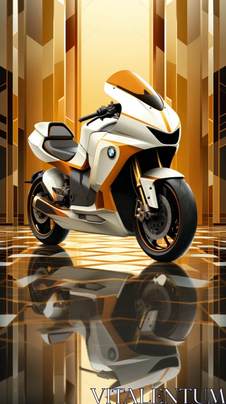 Sleek Futuristic Motorcycle in Reflective Room AI Image