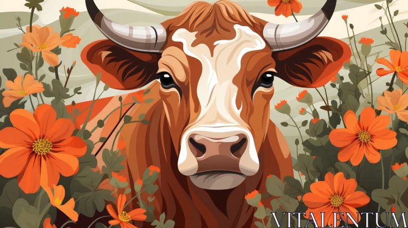 Tranquil Cow in Orange Flower Field AI Image