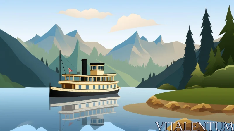 AI ART Tranquil Lake with Boat and Mountains Illustration