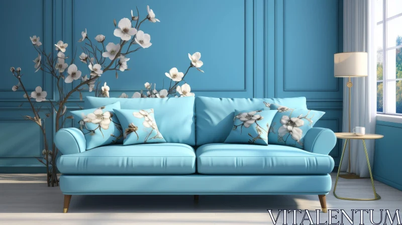 Tranquil Living Room with Blue Sofa and White Flowers AI Image