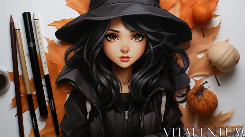 Young Woman Digital Painting with Fall Theme AI Image