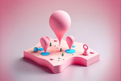 3D Map with Geographical Location Icons on Pink Background | Futuristic Shapes