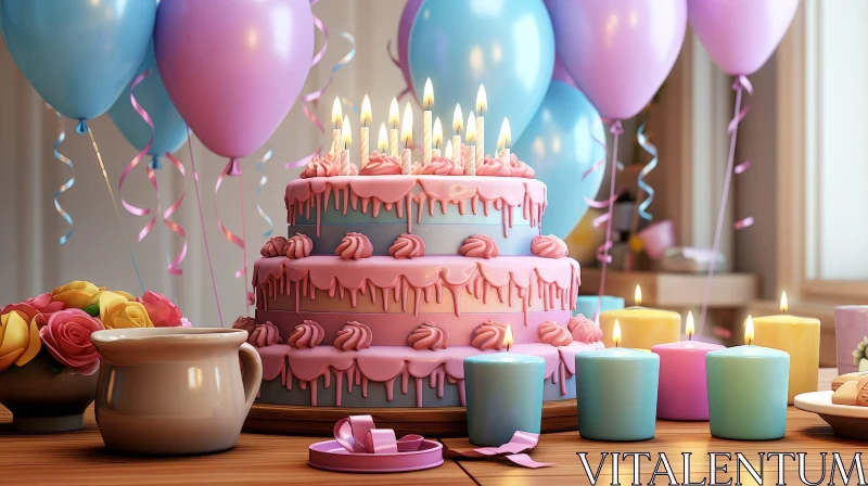 Birthday Cake 3D Rendering on Wooden Table AI Image