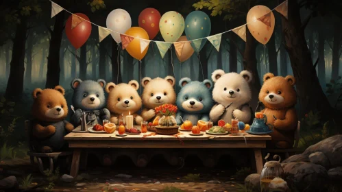 Charming Teddy Bear Picnic in Forest - Digital Painting
