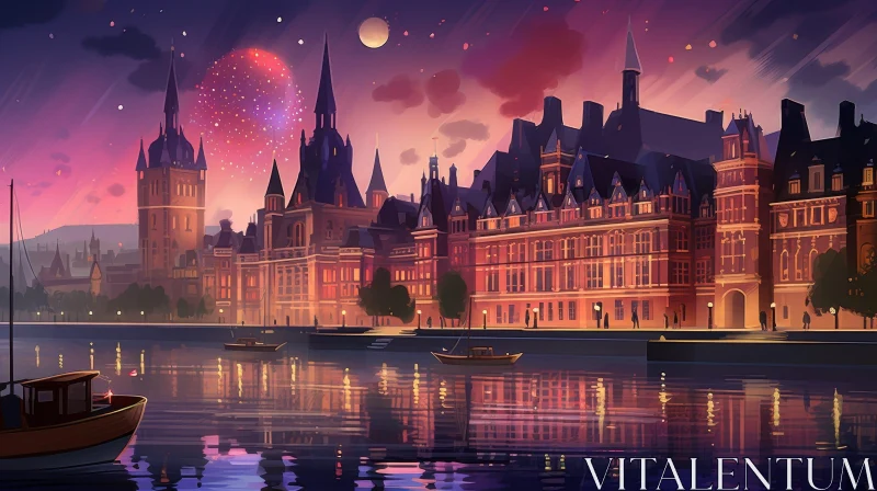 AI ART Cityscape Painting at Dusk with Fireworks