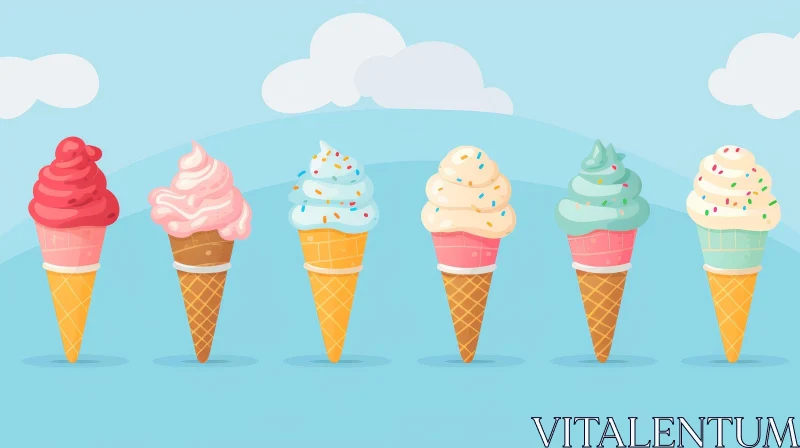 Colorful Ice Cream Cones in Cartoon Style AI Image