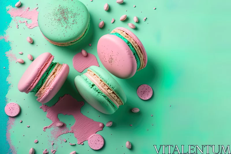 Colorful Macarons on Green and Turquoise Surface - Photorealistic Composition AI Image