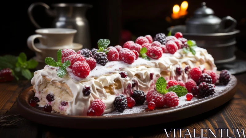 AI ART Delicious Roll Cake with Fresh Berries and Whipped Cream