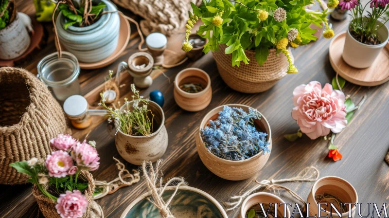 Enchanting Still Life: Wooden Table with Potted Plants and Flowers AI Image