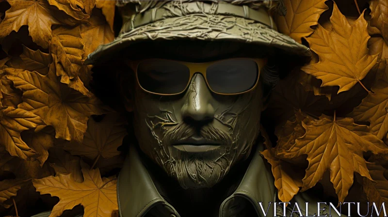 Enigmatic Man in Hat and Sunglasses Covered in Leaves AI Image