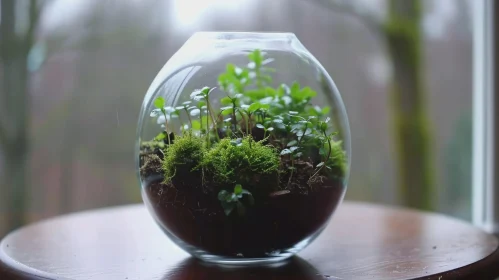Glass Terrarium with Lush Green Plants - Close-up Nature Photography