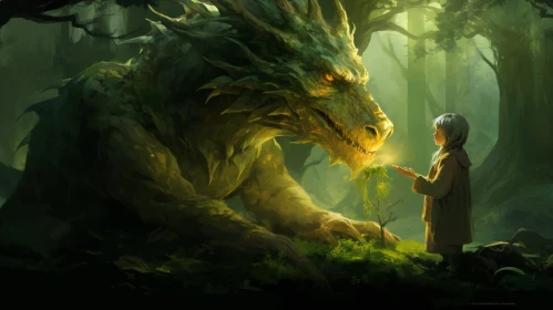 Green Dragon and Child in Magical Forest