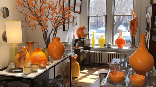 Light-Filled Room with Orange Vases and Tree: An East Village Art Inspired Composition