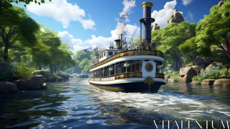 Luxurious Riverboat Surrounded by Nature AI Image