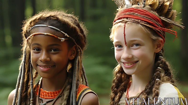 Native American Girls in Forest - Smiling Costumed Kids AI Image