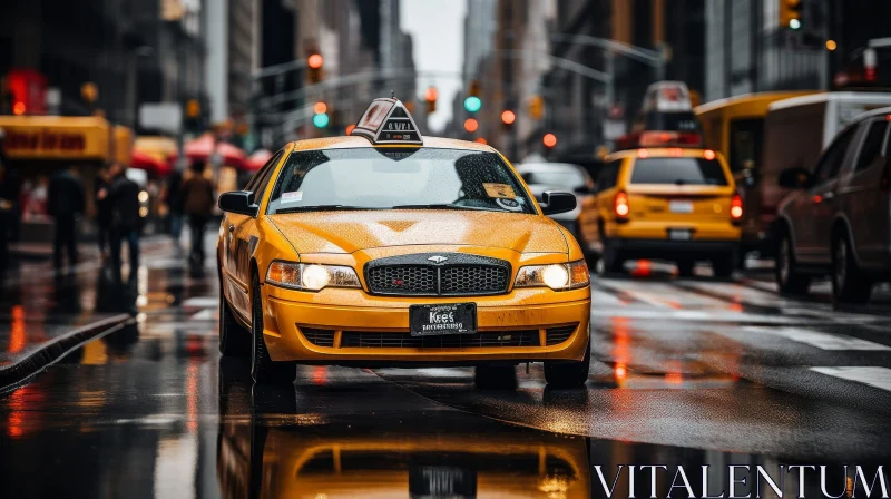 Rainy Cityscape: Yellow Taxi Cab in Urban Night Scene AI Image