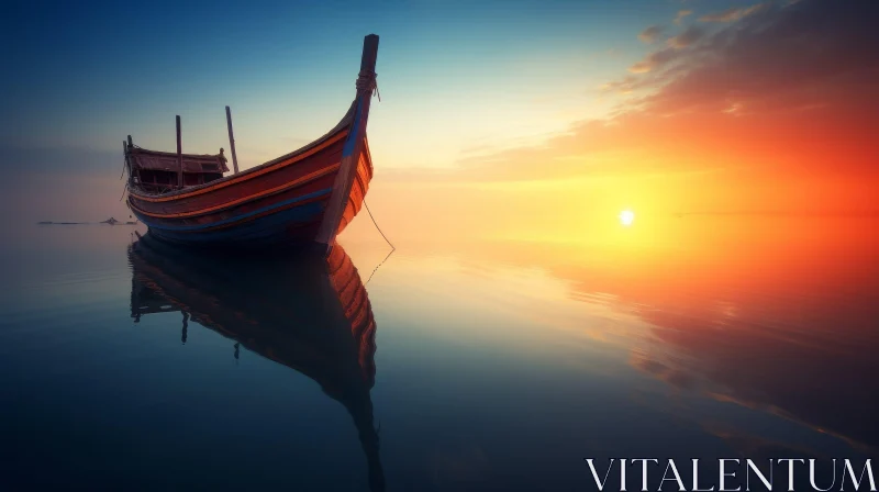 Serene Sunset: Wooden Boat Sailing on Calm Sea AI Image