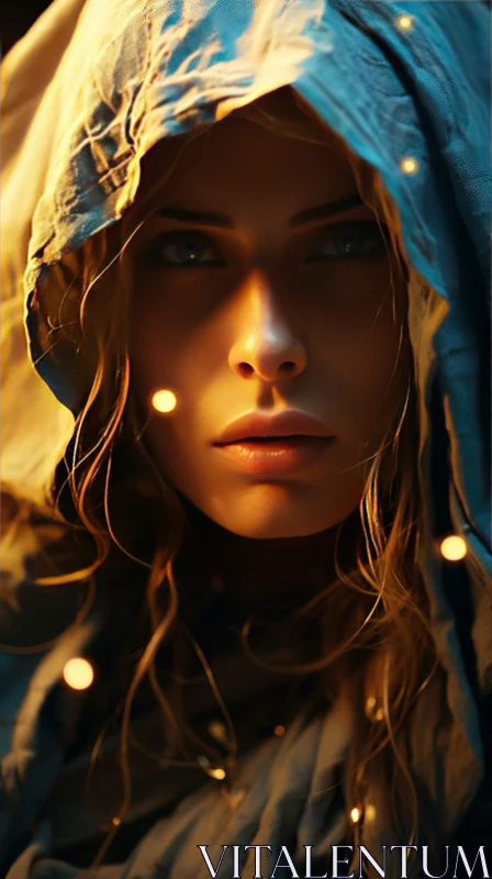 Serious Woman Portrait with Glowing Orbs AI Image