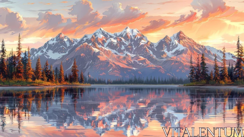 Tranquil Mountain Sunset Landscape Painting AI Image