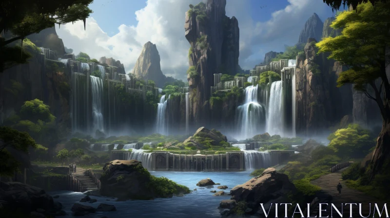 AI ART Tranquil Valley Waterfall Landscape with Temple