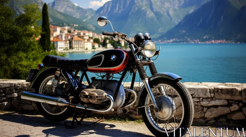 AI ART Vintage Motorcycle by Lake and Mountains