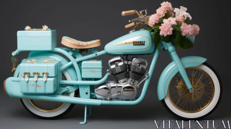 AI ART Vintage Turquoise Motorcycle with Pink Flowers