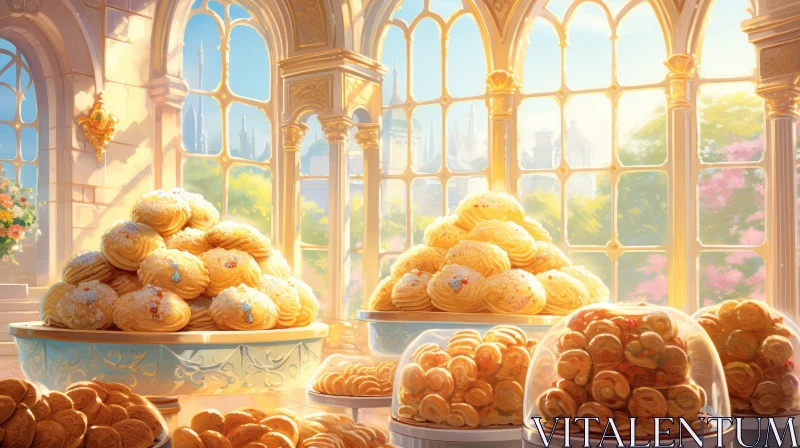 Warm Bakery Scene with Pastries and Sunlight AI Image