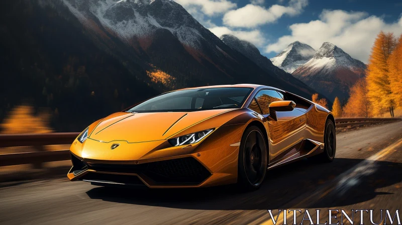 Yellow Lamborghini Aventador SVJ Roadster Driving in Mountain Landscape AI Image