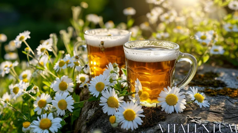 Beer Glasses in Chamomile Field AI Image