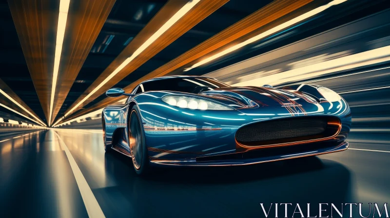 Blue Futuristic Sports Car Racing in Glowing Tunnel AI Image