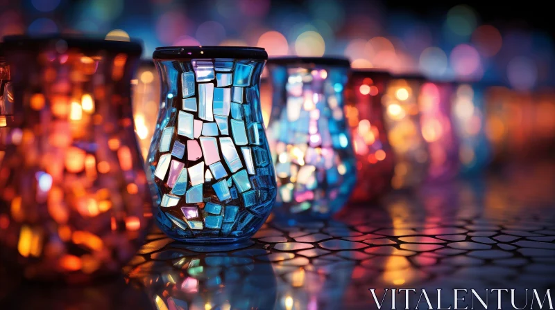 AI ART Blue Mosaic Glass Vase with Candle - Serene Table Setting