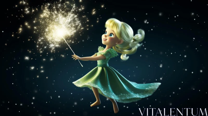 Cartoon Fairy Flying in Starry Night Sky AI Image