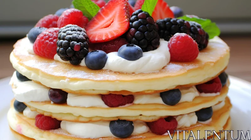 Delicious Stack of Pancakes with Fresh Berries and Cream AI Image