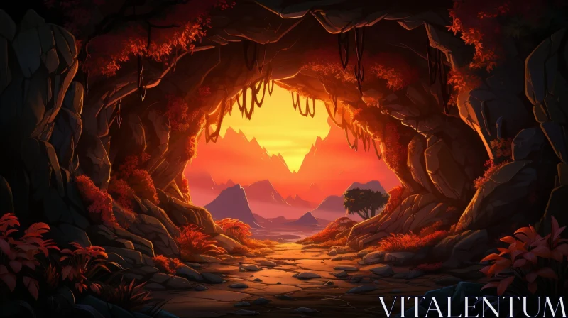 Enigmatic Cave Landscape with Majestic Mountains AI Image