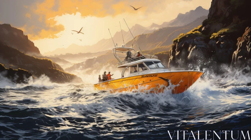 AI ART Fishing Boat on Rough Sea - Digital Painting