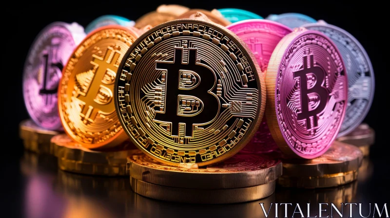 AI ART Golden Bitcoin Coins in 3D Rendering
